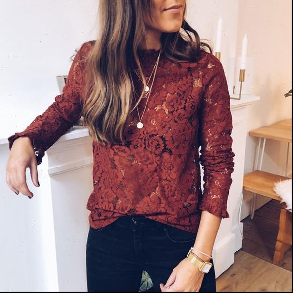 

women long sleeve shirt ladies hollow out flowers women lace blouses femme shirt mesh see through blouses, White