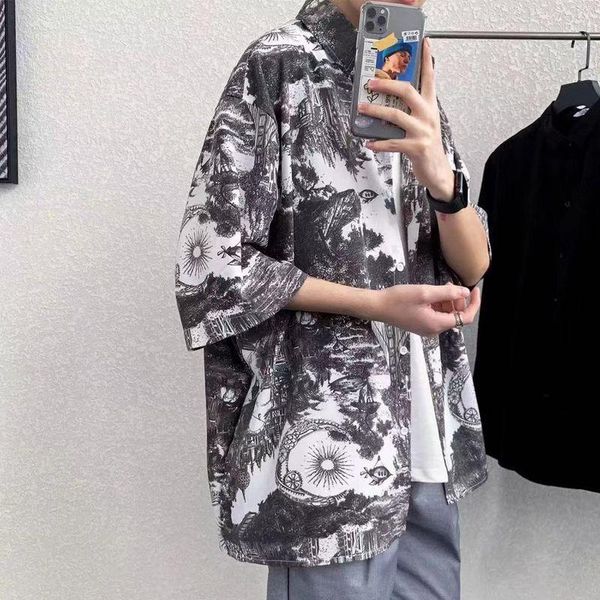 

men's casual shirts shirt hawaiian flower printed korean handsome loose plus size fashion short-sleeve jacket 2021 summer clothes, White;black