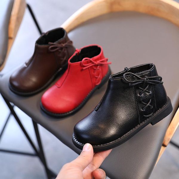 

boots winter warm baby toddler shoes children fashion zipper non slip lace bowknot girl princess soft leather short, Black;grey