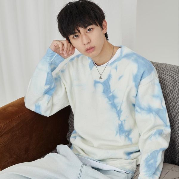 

2020 loose sleeve-off sleeves languid style tie-dyed knitwear men's crewneck sweater, White;black