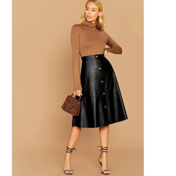 

skirts 2021 style autumn winter pu leather skirt midi a-line elegant solid color button high waist, Black