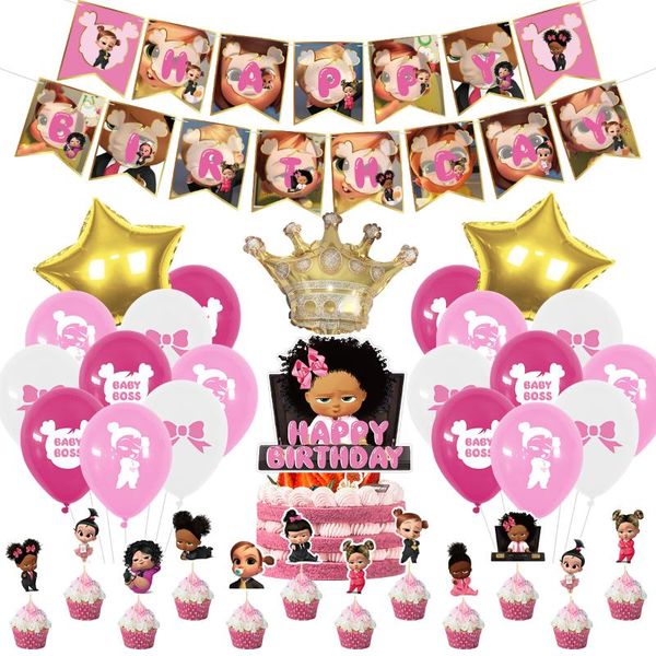 

party decoration 1set boss baby theme happy birthday pink banner cake er balloon set shower supplies toys air globos