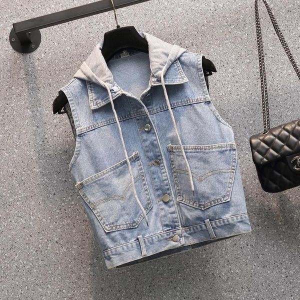 

women's vests loose-fitting hooded jeans waistcoat for slim fashion, Black;white