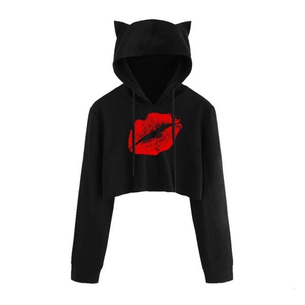 

lip print hoodies teen girls cute cat ear breathable trim sweatshirt crop long sleeve pullover hoody cropped ladies pullover, Black