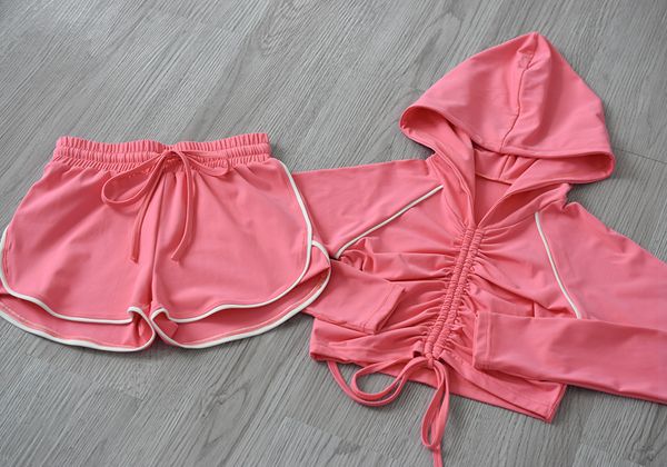 

2 piece set women hooded drawstring strap long sleeve sports fitness yoga set women high elastic shorts workout clothing, White;red