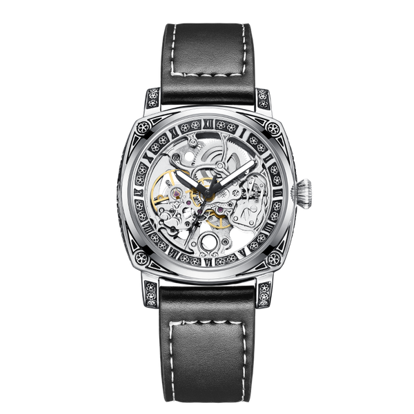 

wristwatches exquisite carving mechanical watch men steampunk skeleton automatic self-wind watches leather sport, Slivery;brown