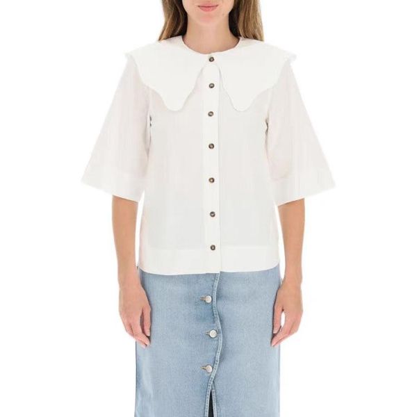 

women's blouses & shirts 2021 early autumn ladies short sleeve single-breasted office shirt retro wave large turn-down collar cotton bl, White
