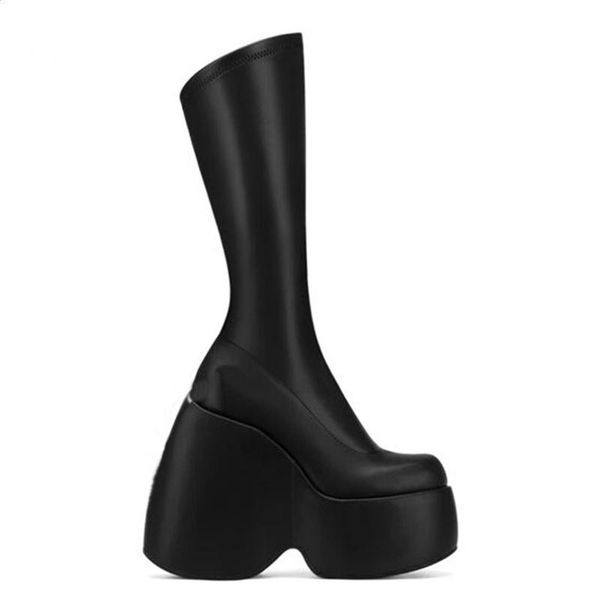 

boots designer patent leather thick platform knee high woman heel elastic shoes casual street mujer long bootie, Black