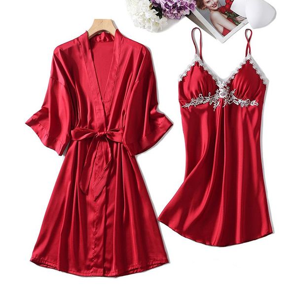 

women's sleepwear casual kimono bathrobe gown intimate lingerie lace 2pcs robe set nightwear summer black home clothing, Black;red