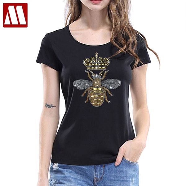 Novas Chegadas Casual Feminino Camisetas Mulheres Coroa Bee Diamante T Camisas Moda Frisada Preto / Branco Rhinestone Senhoras T-shirt 210306
