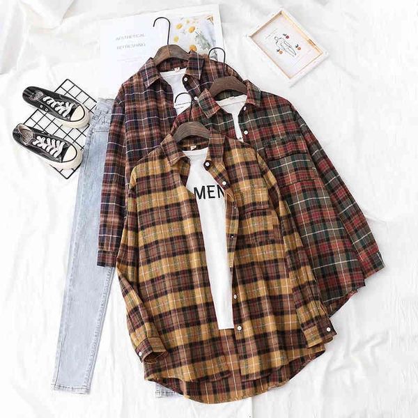 

women's knits & tees casual woman loose plaid patchwork button shirts 2021 spring fashion ladies oversized blouses female vintage, White
