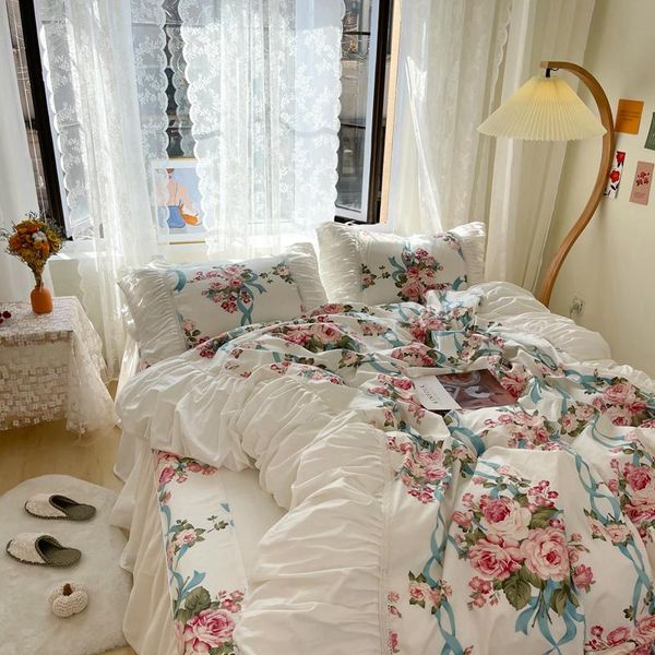 

bedding sets vintage floral set elegant ruffle duvet cover 100%cotton white pink girls princess bedskirt flower bedclothes twin king