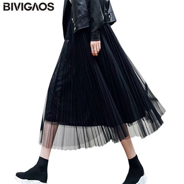 BIVIGAOS Summer Women Gonna in tulle Gonna a pieghe Gonna longuette nera a vita alta Chiffon sottile Filato di maglia Gonne lunghe sciolte Donna 210306