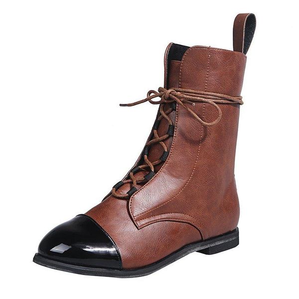 

boots south korea british comfortable tie leather tip low heel boot woman flat bottom short large 35-43, Black