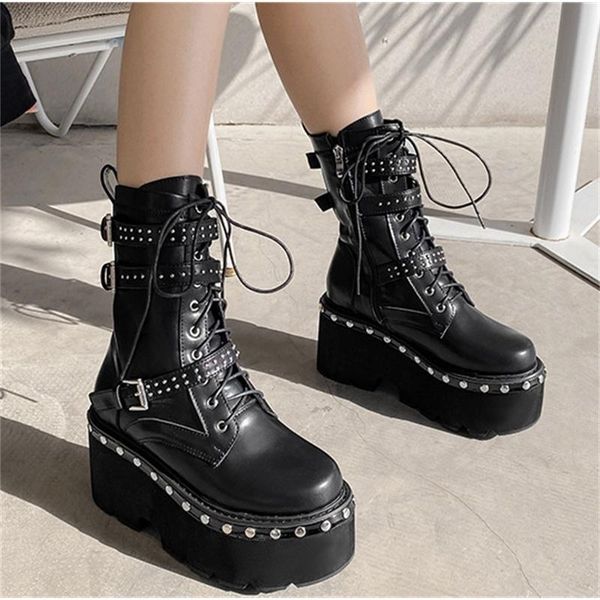 

boots thick bottom heel rivet plush women's winter slope high, Black