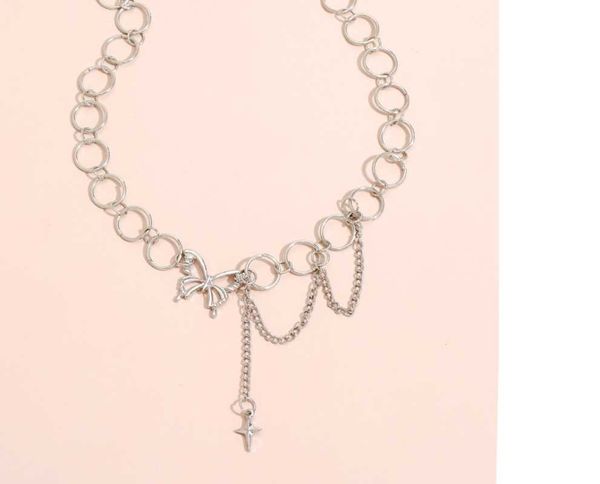 

chokers 2021 european and american wowen high fashion personality metal alloy hollow butterfly tassel clavicle chain necklace 2pcs/lot, Golden;silver
