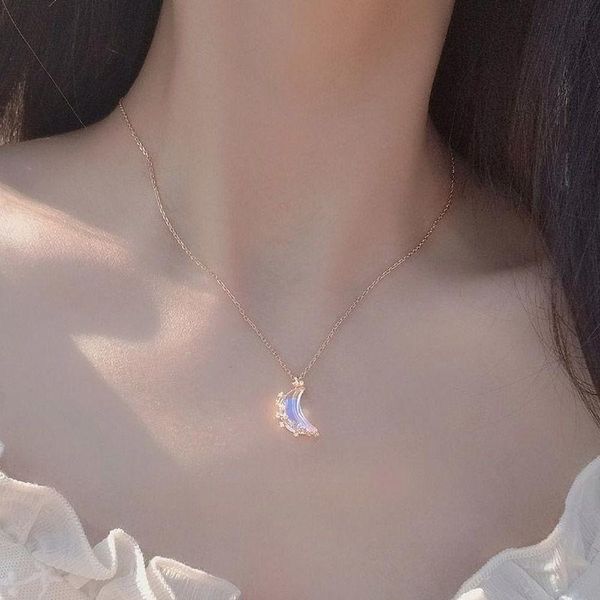 

glowing discoloration moon chain necklace korea creative luminous stone charm necklace for women choker wedding party jewelry, Silver