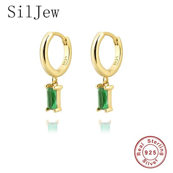 

hoop & huggie siljew 925 sterling silver gold fine green pendiente piercing drop earring 2021 fashion luxury crystal circle round jewelry, Golden;silver