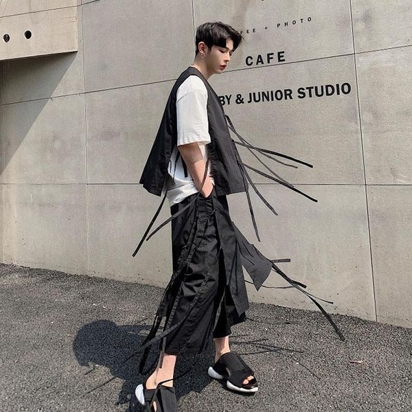 

men's vests men japan style ribbon loose vest coat male streetwear punk gothic sleeveless jacket fashion show casual waistcoat, Black;white