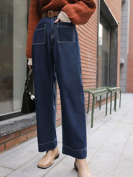 

dazy high waist pocket patched jeans without belt f0pw#, Blue