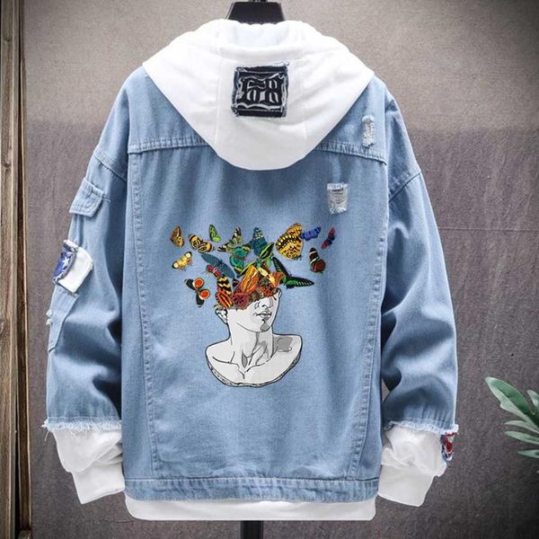 

men's jackets butterfly with print cotton denim jacket men hip hop jeans coat spring autumn bomber jean plus size outerwear, Black;brown