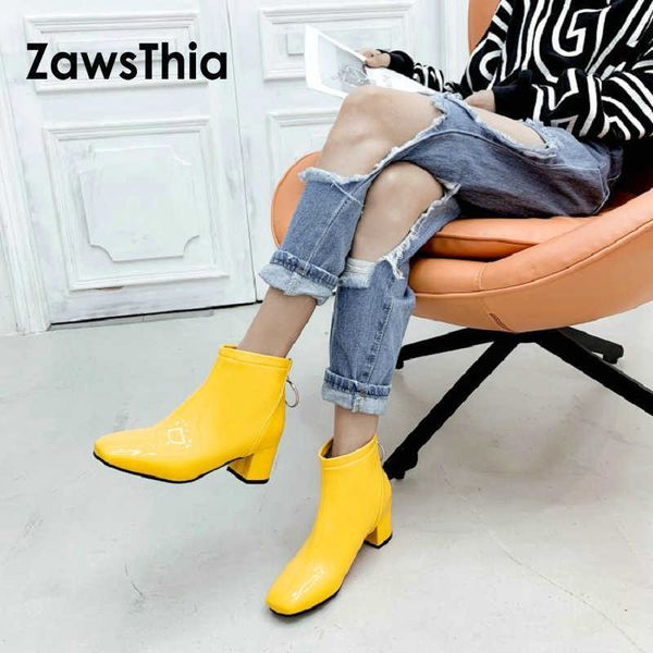 

zawsthia patent pu leather winter yellow white pink red woman ankle boots square med heels women martin boots size 33-51 210611, Black