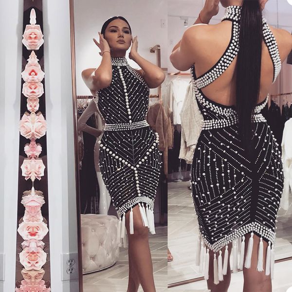 

luxury pearls design prom dress mermaid fashion tassel high neck sleeveless hollow evening dresses dress custom made robe de soiree, Black;red