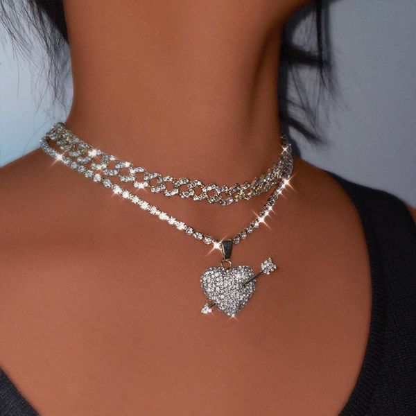 

chains flatfoosie heart pendant necklace iced out cuban link chain choker for women rhinestone hip hop jewelry gift, Silver