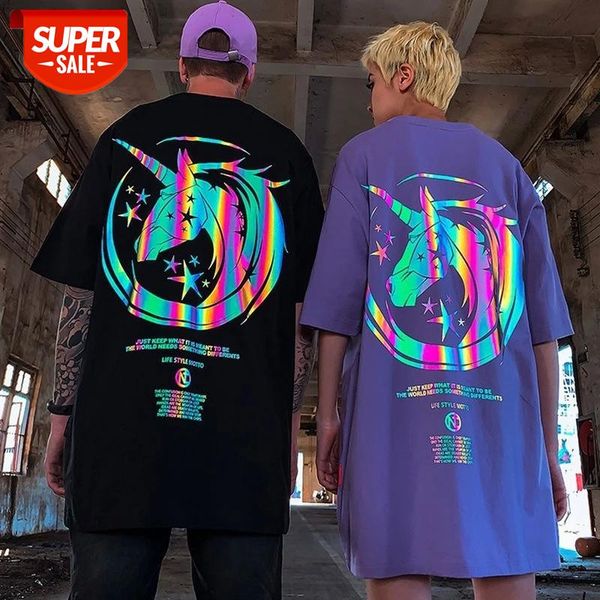 

short-sleeved t-shirt street tide brand hiphop men's tide reflective printing shirt trend loose large size half-sleeved clothes #by2o, White;black