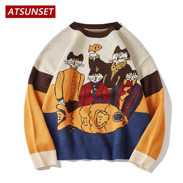 ATSUNSET Cartoon Cat Demone Maglione ricamato Harajuku Maglione lavorato a maglia stile retrò Autunno e inverno Pullover in cotone Top 220108