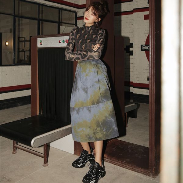 

2021 new tie dye skirts womens high waist a line long midi ladies autumn vintage skirt clothes mnq4, Black