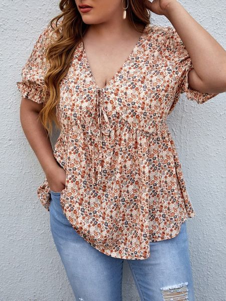 

plus ditsy floral knot front blouse e9y3#, Black