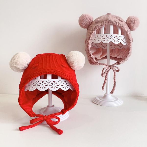 

caps & hats cute double pompom baby hat winter knitted fur ball girl boy kids bonnet cap crochet warm ear protection born infant beanie, Yellow