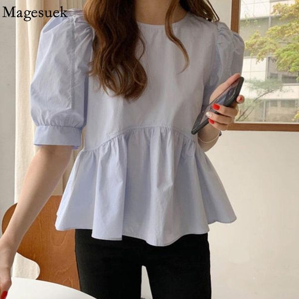 

women's blouses & shirts korean fashion fluffy ruffle blouse women sweet o neck simple loose all-match vintage puff sleeve temperament, White