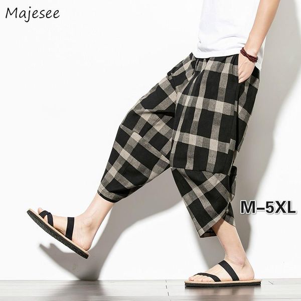 

men sleep bottoms plus size 5xl plaid summer irregular elastic waist calf-length trousers male simple baggy soft chic sleepwear, Black;brown