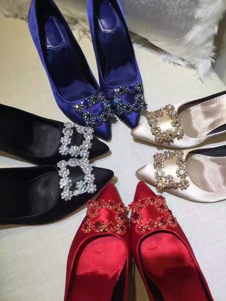 

high heels rhinestone square buckle wedding shoes low-cut stiletto heel pointed silk satin flat high heels for women, Black
