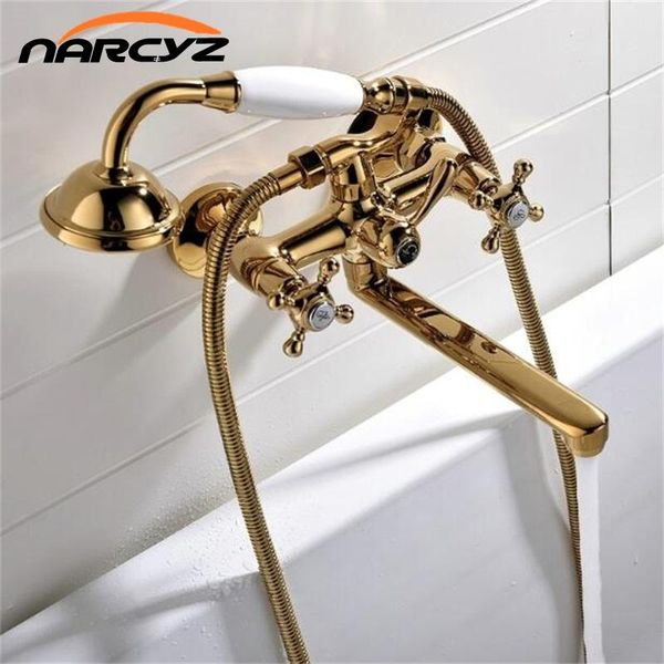 

bathtub faucets brass luxury gold bathroom shower faucet set rainfall doule handle shower system wall mounted mixer tap xt357
