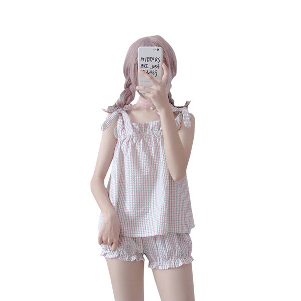 

2019 summer new kawaii women two-piece suit harajuku sweet belt strap shorts home female pajamas set, Red;black