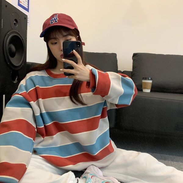 

women's hoodies & sweatshirts autumn and winter thickened sweatshirt striped college style long-sleeved pullover loose hoodie fashion a, Black