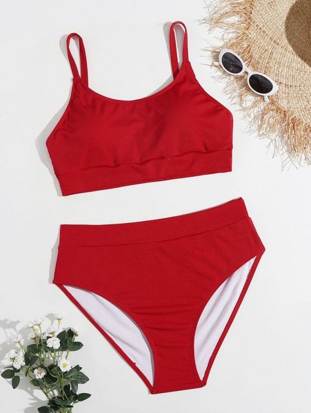 

plus rib high waisted bikini swimsuit s6dg#, Black