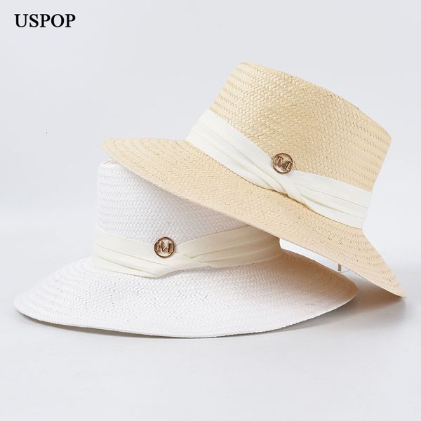 

2021 new straw wide brim beach hat summer letter m ribbon sun hats 0b4o, Blue;gray