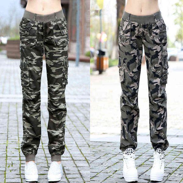 

womens workout camouflage military harem cargo jeans pants denim overalls beam baggy pant ladies loose multi-pocket trousers 211124, Black;white