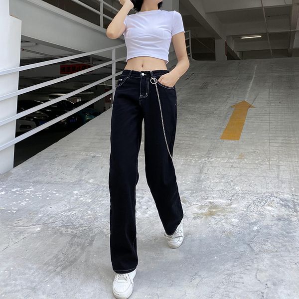 

streetwear womens denim pants with metal chains gothic punk style black straight pants harajuku 2021 casual capris, Black;white