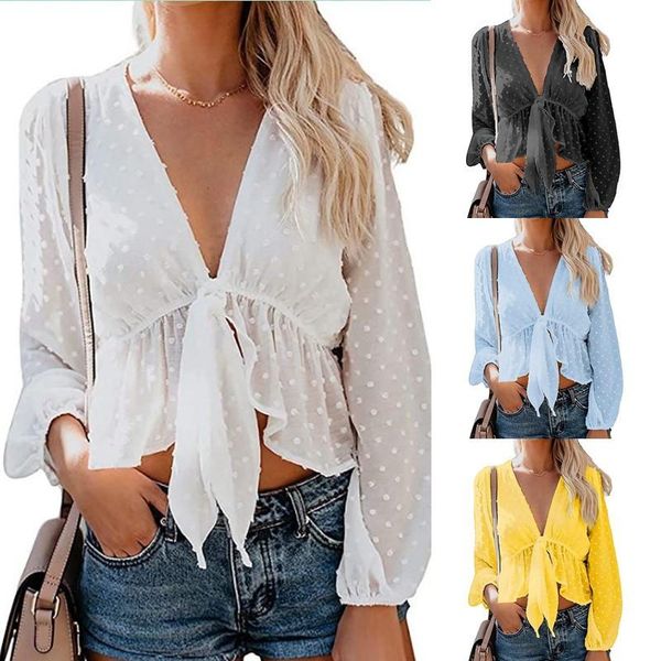 

women's blouses & shirts loose t-shirts women midriff long sleeve blouse v-neck woman female solid pullover chiffon cloth undershit ac, White