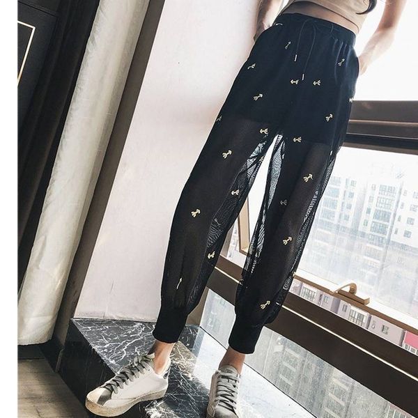 

2021 women joggers patchwork mesh sweatpants spring summer thin trousers waist harem female embroidery crop pants aml1, Black;white