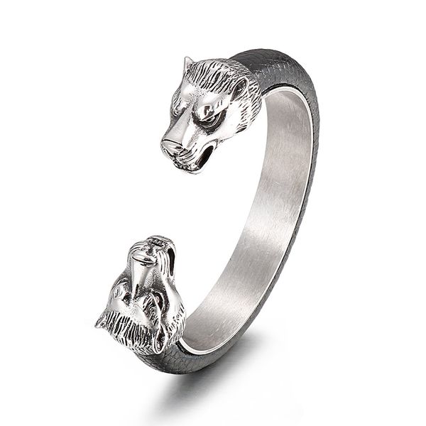 

fashion father gifts 12mm 65mm inner 60g weight stainless steel casting wolf cuff bangle with leather bracelet bangle cuff open, Golden;silver