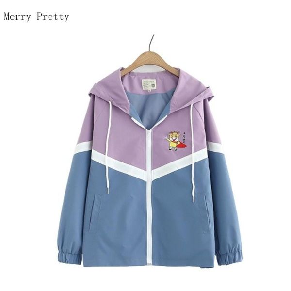 

cartoon embroidery patchwork women hooded jacket 2021 summer long sleeve casual coats ladies pckets zipper outwears clothing, Black;brown
