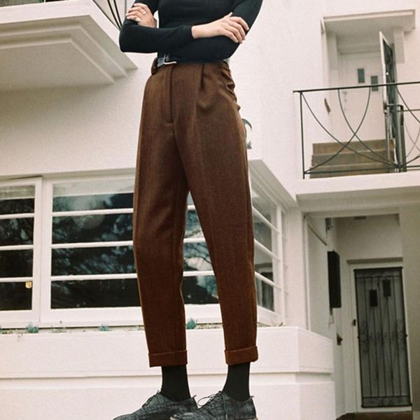

women's pants & capris high waist straight trousers women autumn elegant zip pockets brown long 2021 spring casual chic wide leg pant, Black;white