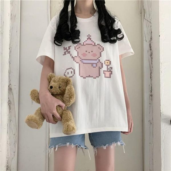 

women's t-shirt summer pixel bear cute print loose short-sleeved cartoon white sweet cotton