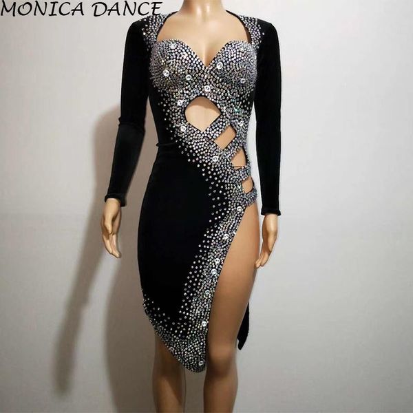 

casual dresses stage silver stones black latin dance dress outfit wear sparkly rhinestones costume birthday prom show stretch, Black;gray